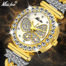 Load image into Gallery viewer, MISSFOX Butterfly Women Watches Luxury Brand Big Diamond 18K Gold Watch Waterproof Special Bracelet Expensive Ladies Wrist Watch
