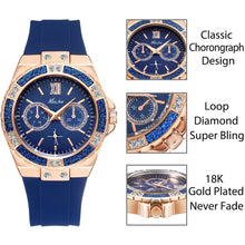 Load image into Gallery viewer, MISSFOX Women's Watches Chronograph Rose Gold Sport Watch Ladies Diamond Blue Rubber Band Xfcs Analog Female Quartz Wristwatch
